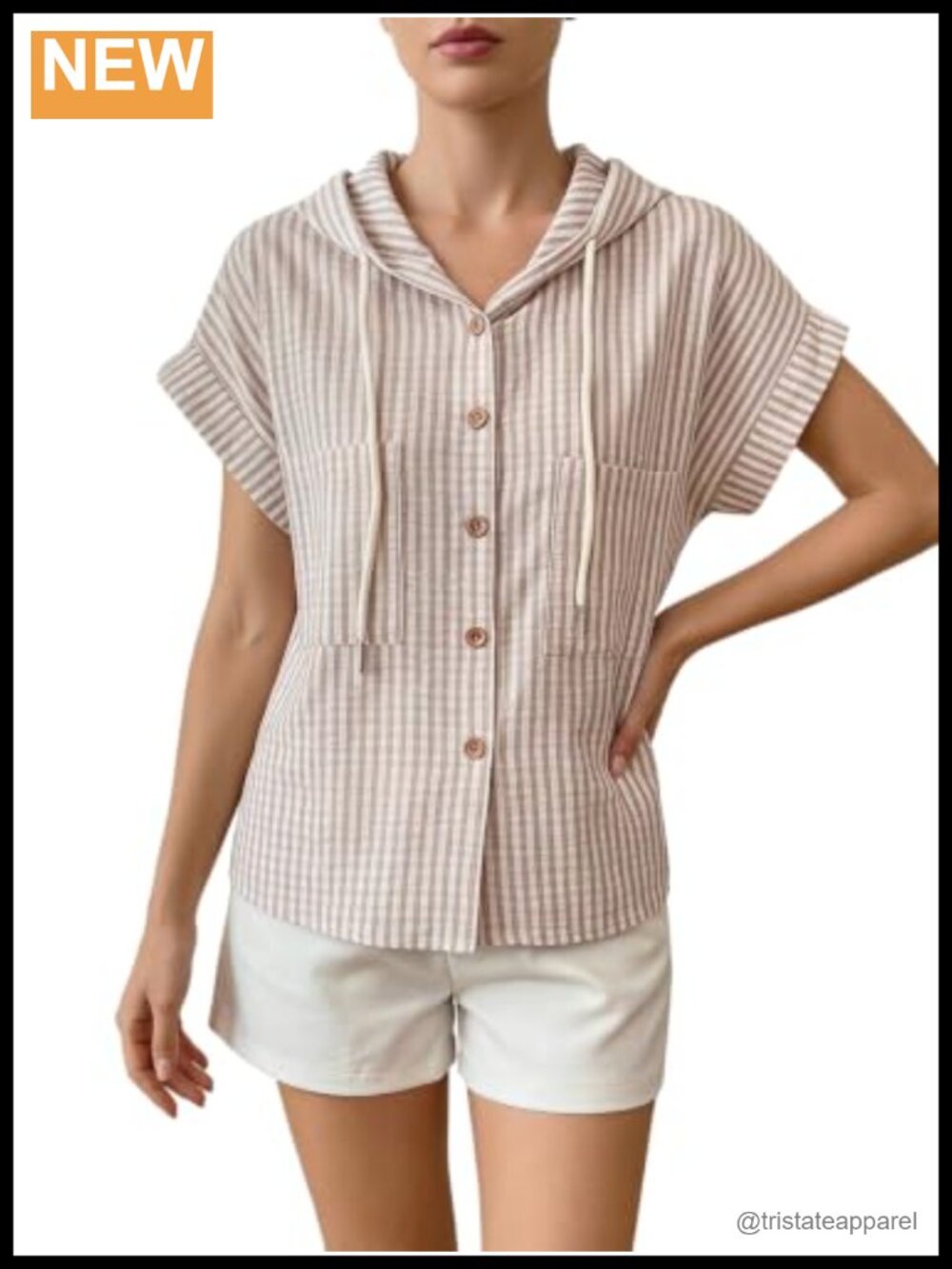 Women's Striped Hooded Button Down Drawstring Blouse